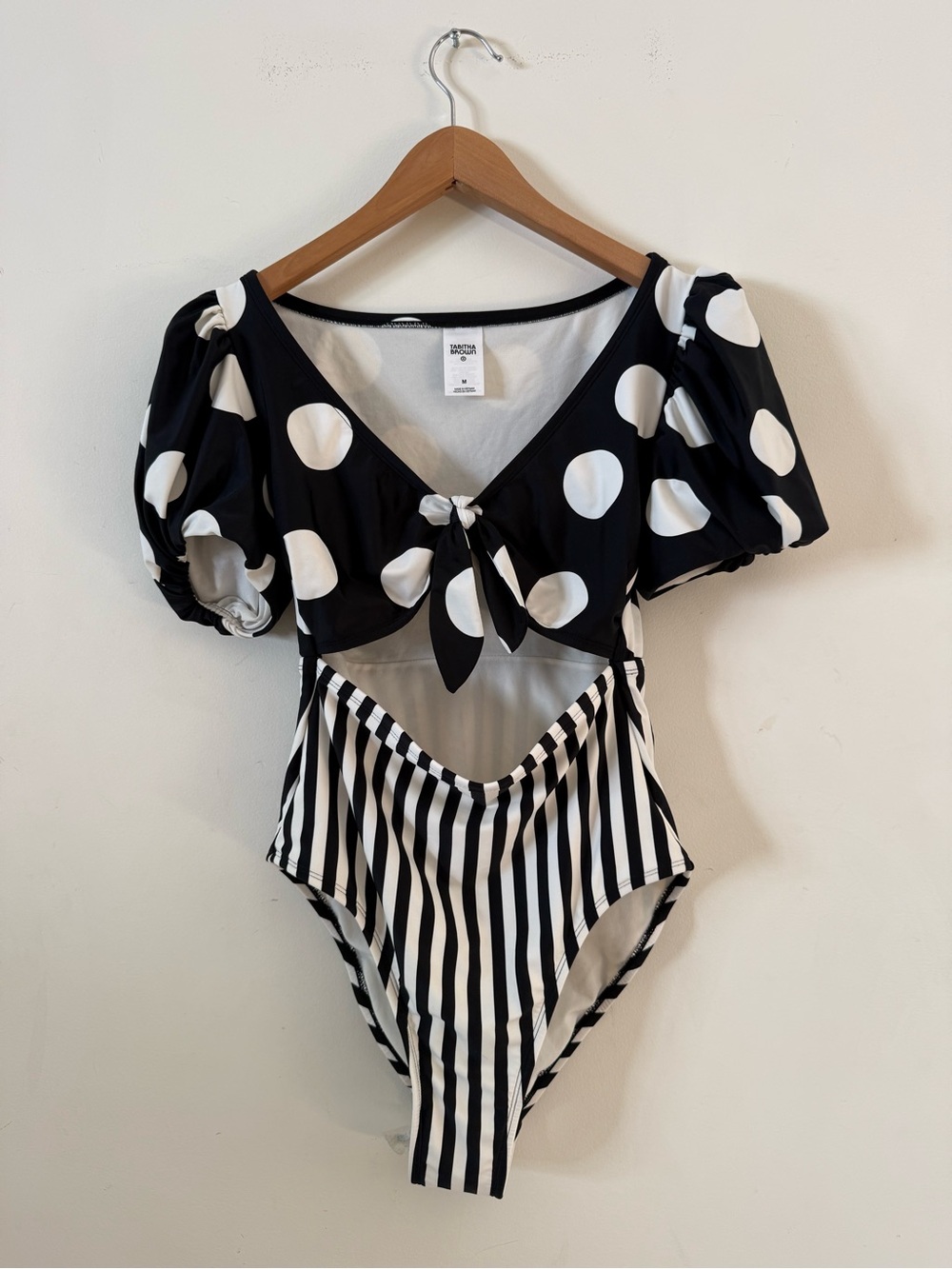 Tabitha Black & White Polka Dot and Stripe Puff-Sleeve One-Piece